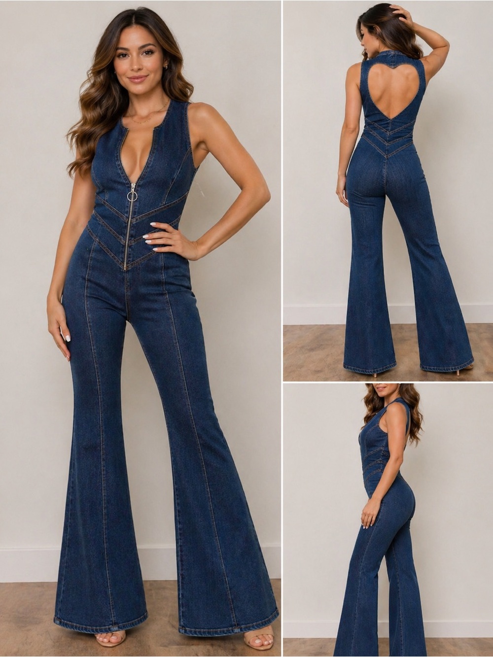 Dark Wash Denim Jumpsuit with Heart Back Cutout